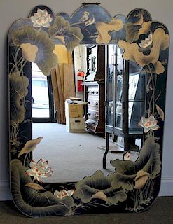 Asian Style Decorated Mirror with Lacquered Frame.