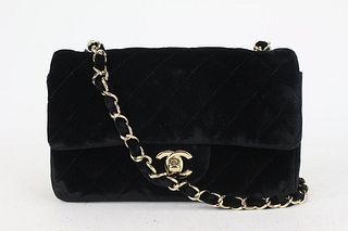 Chanel Black Quilted Velvet Mini Classic Flap Chain Bag