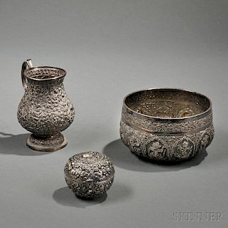 Three Pieces of Middle Eastern or Indian Silver Hollowware