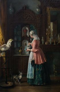 Lady Cat & Cockatoo Interior Oil Painting