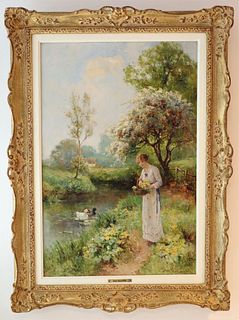 A YOUNG WOMAN PICKING SPRING FLOWERS