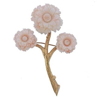 1960s 18k Gold Carved Coral Flower Brooch Pin