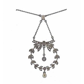 Antique Edwardian Platinum Silver Natural Pearl Diamond Necklace