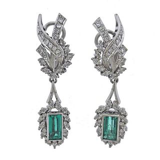 Mid Century 18k Gold Diamond Emerald Drop Earrings