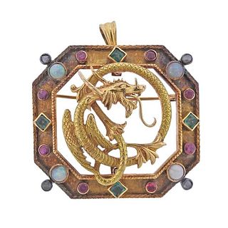 18k Gold Diamond Emerald Opal Ruby Dragon Pendant Brooch