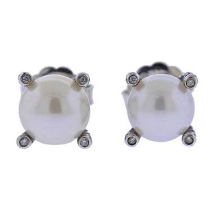 David Yurman Silver Diamond Pearl Stud Earrings 