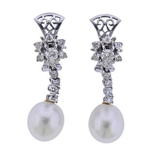 Mid Century 18K Gold Diamond Pearl Drop Earrings