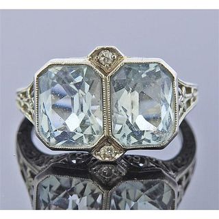 Antique Art Deco 18K Gold Diamond Aquamarine Ring