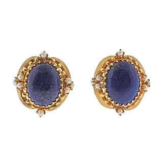 1960s 14k Gold Lapis Pearl Earrings
