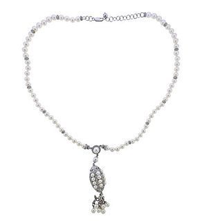 18k Gold Diamond Pearl Lariat Necklace