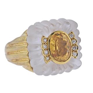 14K Gold Diamond Citrine Carved Crystal Ring