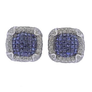 14k Gold Invisible Set Sapphire Diamond Earrings