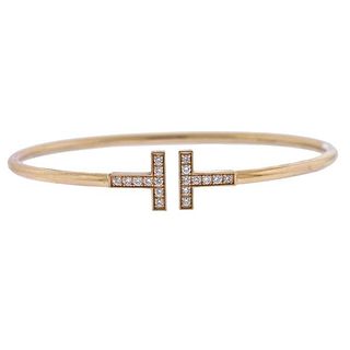 Tiffany &amp; Co T Wire 18K Gold Diamond Cuff Bracelet