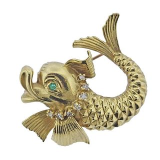 Vintage 18K Gold Diamond Fish Brooch Pin