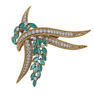 1960s 18k Gold Diamond Emerald Brooch Pin
