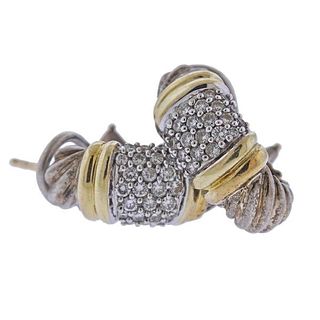 David Yurman Silver 18k Gold Diamond Cable Hoop Earrings