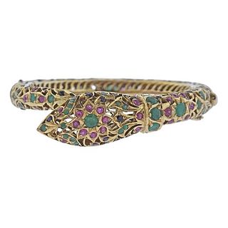 14K Gold Ruby Sapphire Emerald Snake Bracelet