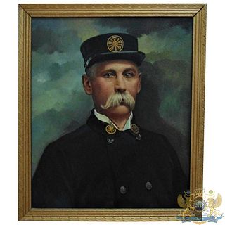 Antique Portrait Painting of Fire Chief Oil on Canvas