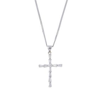 A diamond cross pendant. The tapered baguette-cut diamond, with brilliant-cut diamond accent, to the