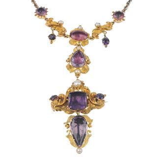 An early 19th century gold amethyst and split pearl necklace and matching brooch. The necklace desig