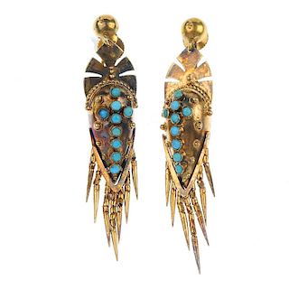 A pair of mid 19th century 18ct gold turquoise ear pendants. Each designed as a pear-shape drop, wit