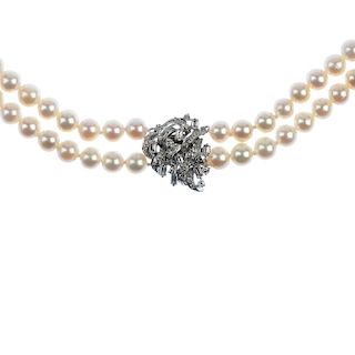 A cultured pearl and diamond necklace. Comprising eighty-seven and eighty-three cultured pearls, mea