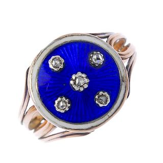 An enamel and diamond dress ring. The circular-shape blue and white enamel panel, inset with rose-cu