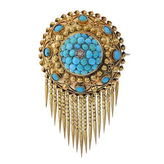 A mid 19th century gold turquoise and diamond memorial brooch. Of circular outline, the turquoise ca