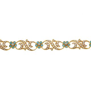 An early 20th century 15ct gold turquoise and split pearl bracelet. Designed as a series of split pe