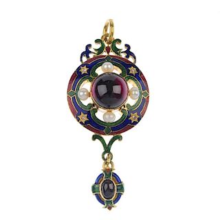 A mid 19th century gold Holbeinesque, garnet, pearl and enamel pendant. The foil-back circular garne