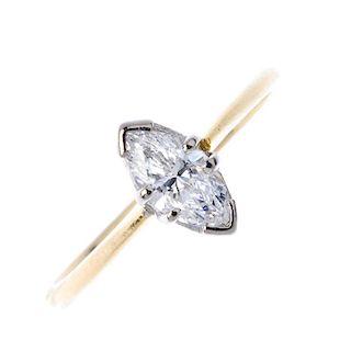 An 18ct gold diamond single-stone ring. The marquise-shape diamond, to the bi-colour gallery and tap
