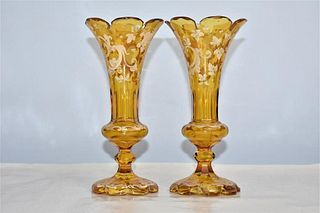 Pair of Bohemian Amber Enamel Vases