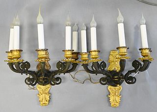 Pair of French Empire Bronze Wall Sconces, each having five arm lights, patinated bronze body, gold bronze fittings, along with acanthus backplate, el