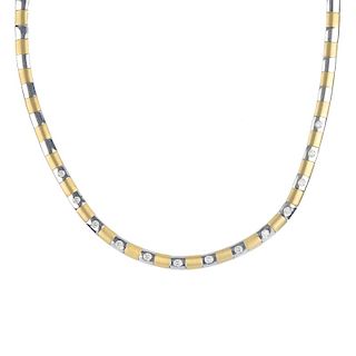 A diamond necklace. Of bi-colour design, each brilliant-cut diamond square-shape panel, between squa