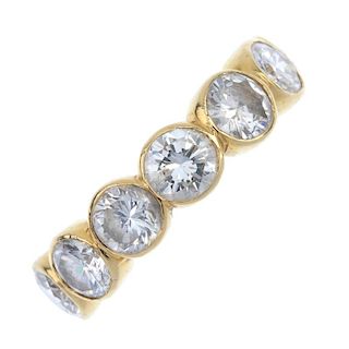 A diamond half-circle eternity ring. The brilliant-cut diamond line, within a collet setting, to the