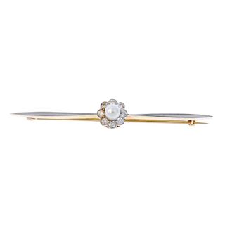 A pearl and diamond bar brooch. The cultured pearl, within an old-cut diamond surround, to the taper