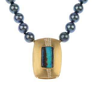 A cultured pearl, boulder opal and diamond necklace. Comprising a row of forty-nine grey cultured pe