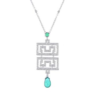 * An emerald and diamond necklace. The emerald cabochon drop, suspended from brilliant-cut diamond g