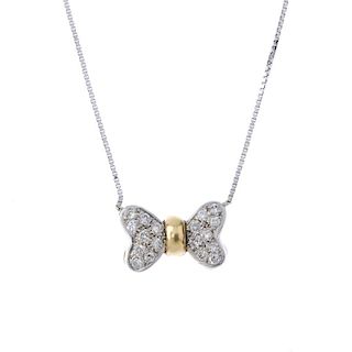 A diamond butterfly pendant. Of bi-colour design, with pave-set diamond wings, suspended from a fine