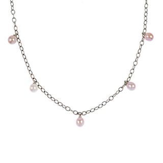 BOODLE & DUNTHORNE - an 18ct gold cultured pearl necklace. The trace-link chain, suspending a series