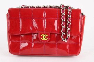 Chanel Red Patent Mini Classic Flap Silver Chain Bag