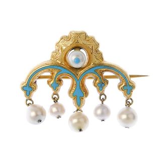 A set of early 20th century enamel and imitation pearl jewellery. The brooch designed as a blue enam