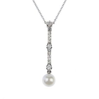 A cultured pearl and diamond pendant. The cultured pearl, suspended from an old and single-cut diamo