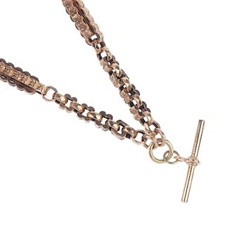 A double Albert. The textured fancy-link chain, with T-bar and lobster clasps. Length 40.3cms. Weigh