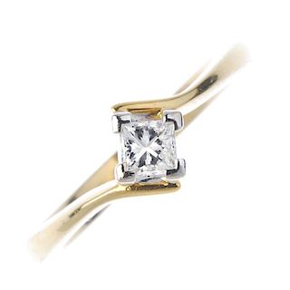 An 18ct gold diamond single-stone ring. The square-shape diamond, to the asymmetric shoulders and pl