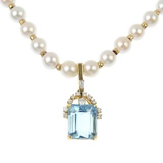 A cultured pearl, diamond and paste necklace. The rectangular-shape blue paste, with brilliant-cut d