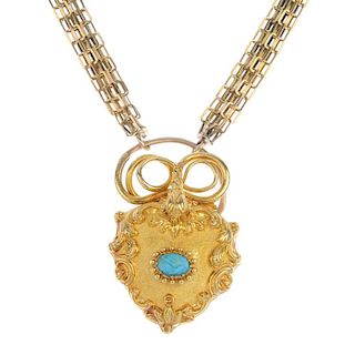 A mid 19th century gold snake locket and later chain. The carved turquoise clasped hands, to the tex