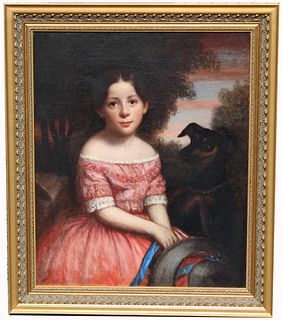 American School, 19th C. Girl with Dog