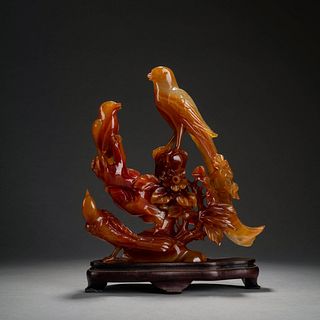 Carved Agate Prunus and Magpie Ornament