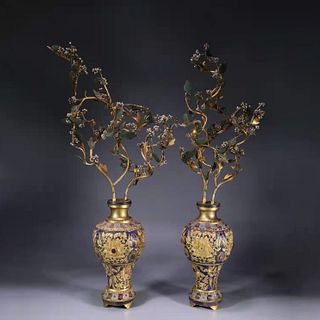 Pair of Pearl Inlaid Gilt Bronze Bonsais